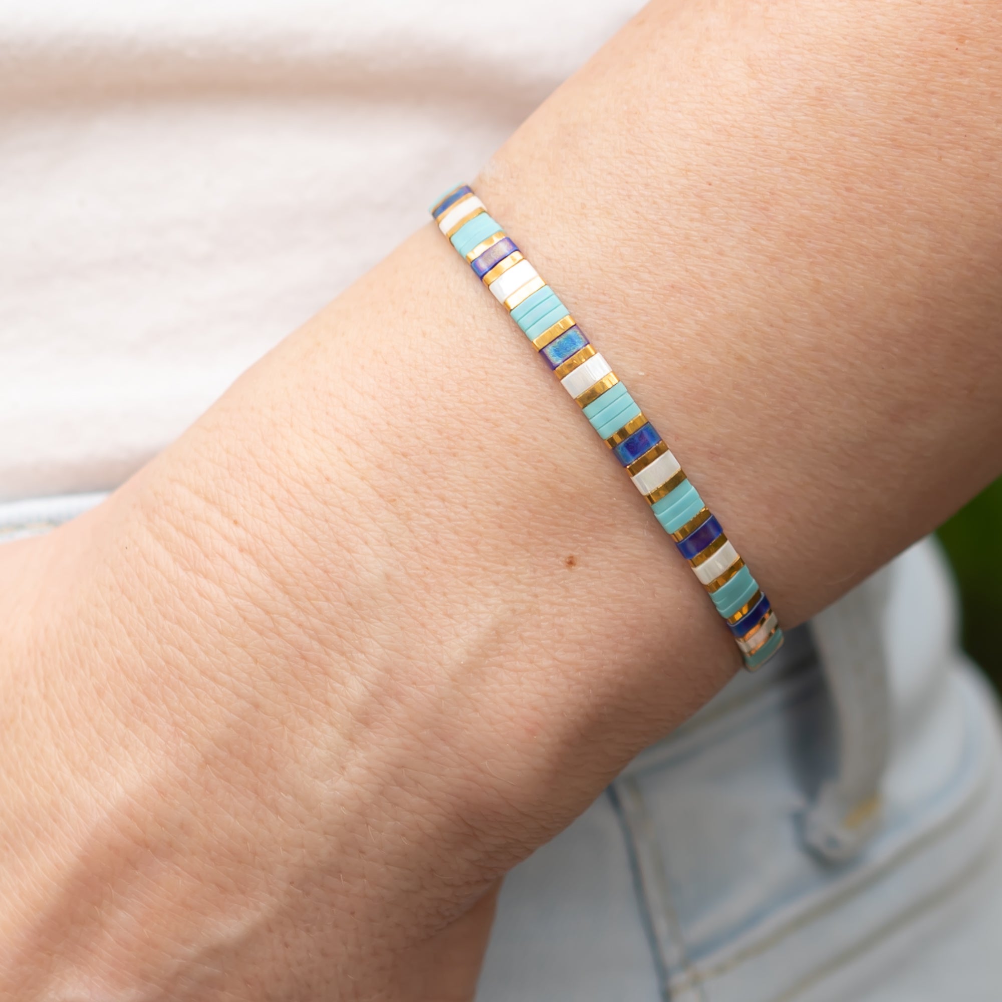damen perlenarmband blau türkis