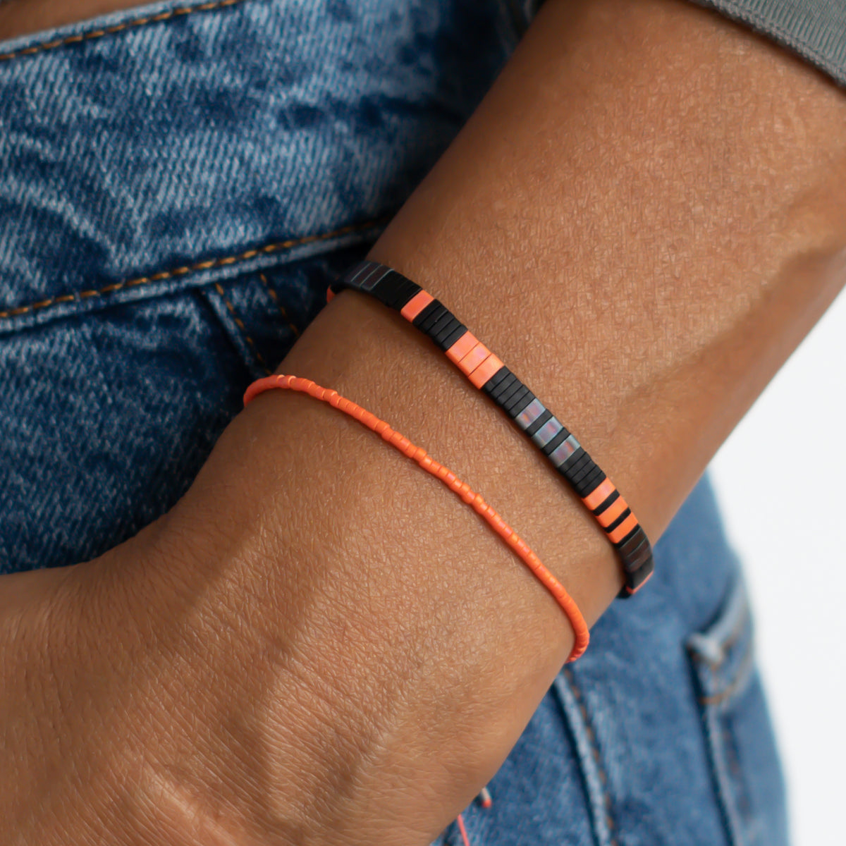 damen perlenarmband set schwarz orange