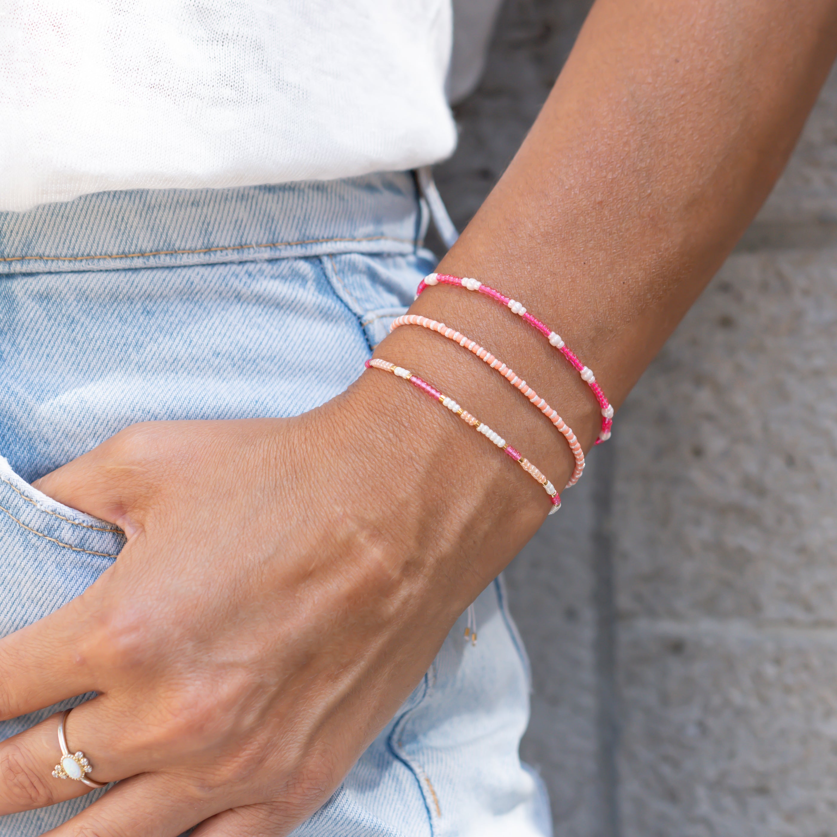 damen perlenarmbänder set pink apricot