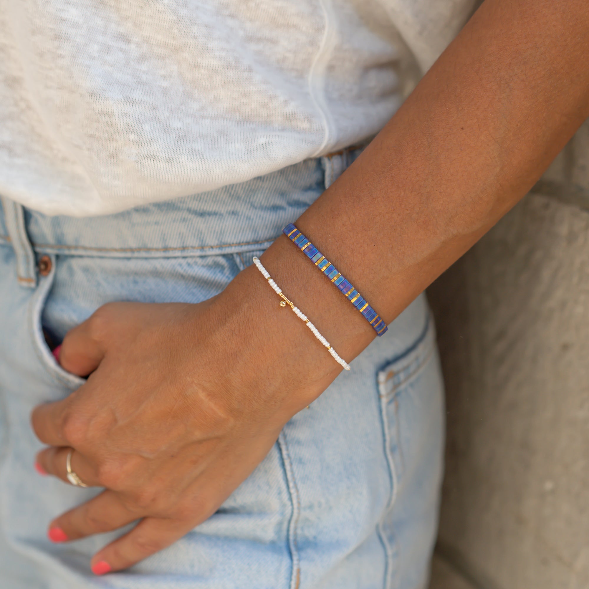 damen perlenarmbänder blau weiss